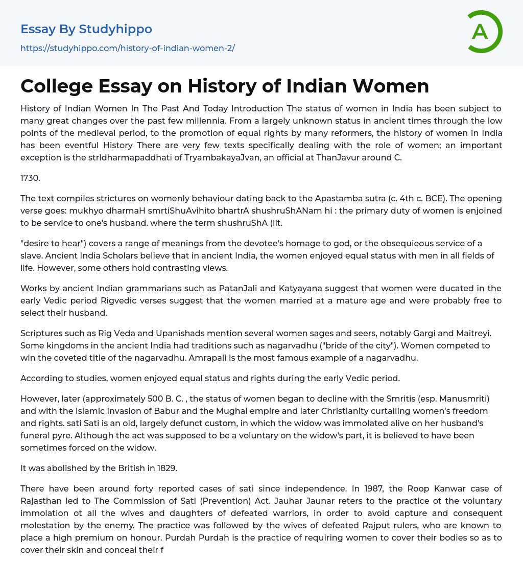 History of Indian Women In The Past And Today Essay Example