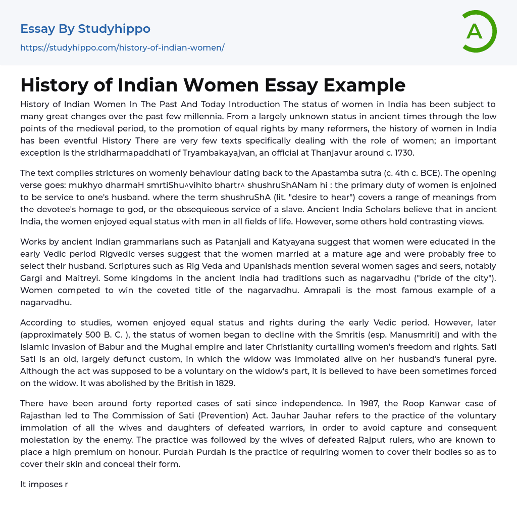 History of Indian Women Essay Example
