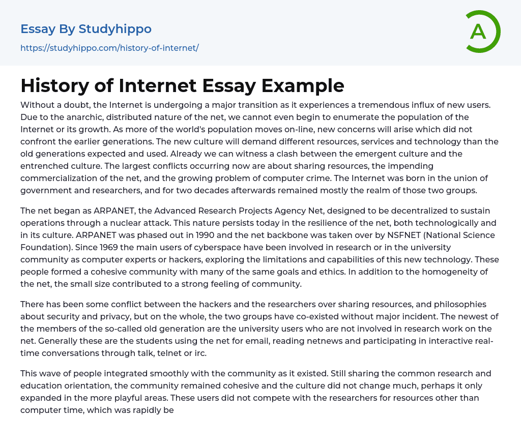 History of Internet Essay Example