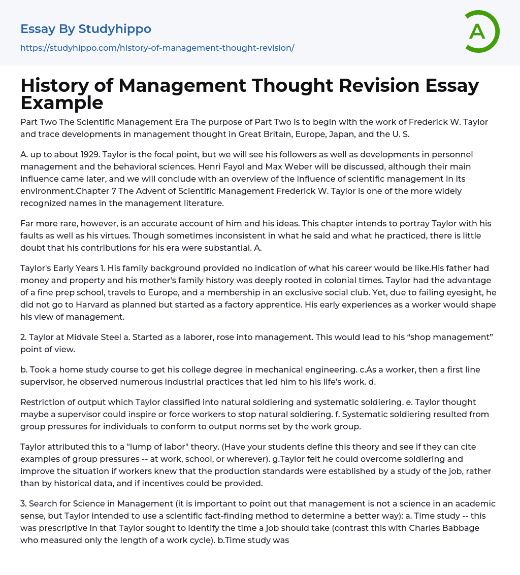 History of Management Thought Revision Essay Example