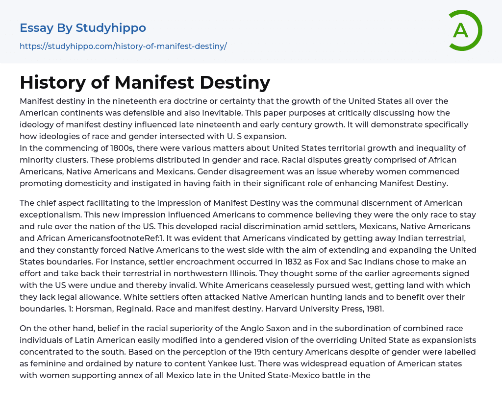 History of Manifest Destiny Essay Example