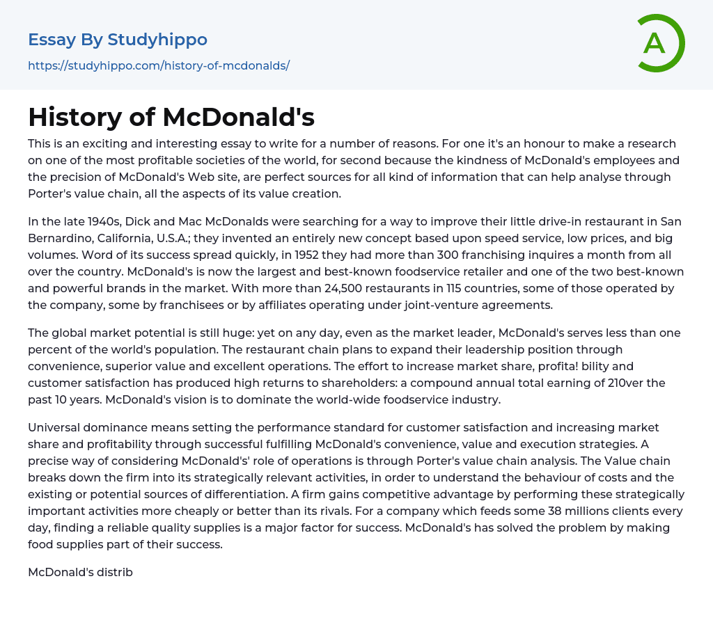 History of McDonald’s Essay Example