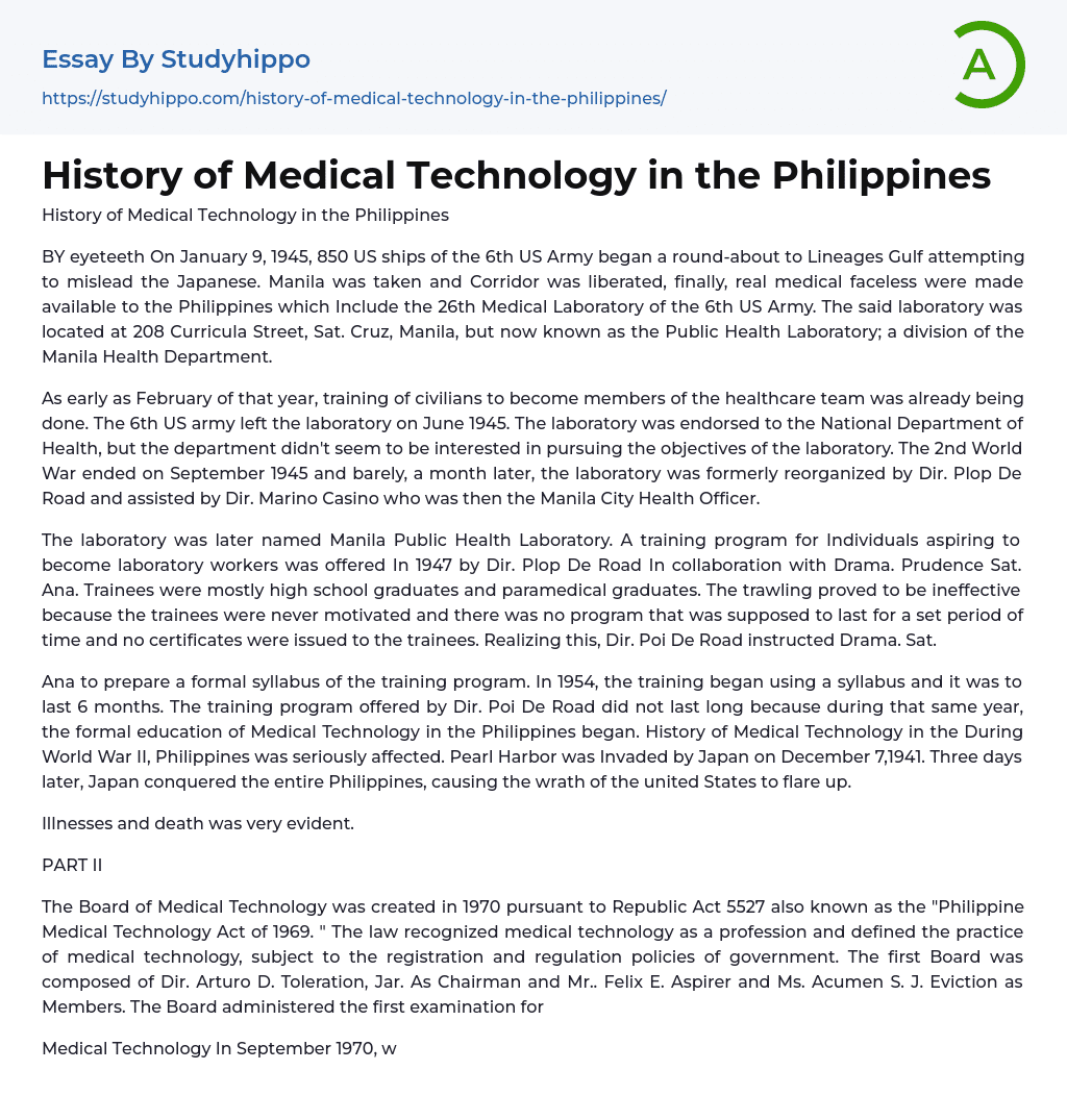 History of Medical Technology in the Philippines Essay Example