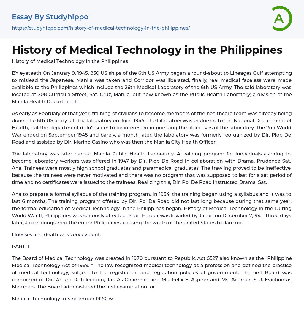 History Of Medical Technology In The Philippines Essay Example 