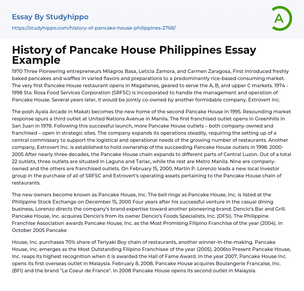 History of Pancake House Philippines Essay Example