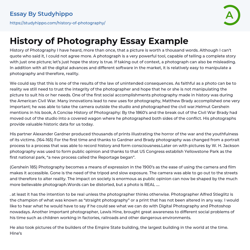 History of Photography Essay Example