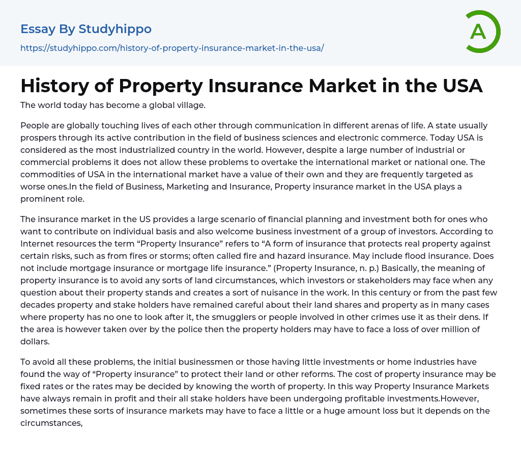 History of Property Insurance Market in the USA Essay Example
