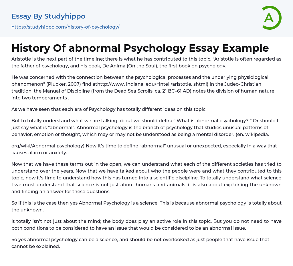 History Of abnormal Psychology Essay Example