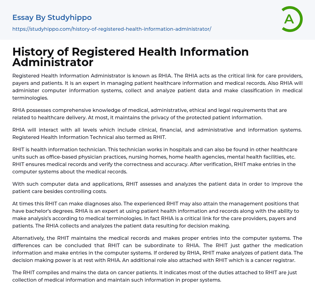 History of Registered Health Information Administrator Essay Example