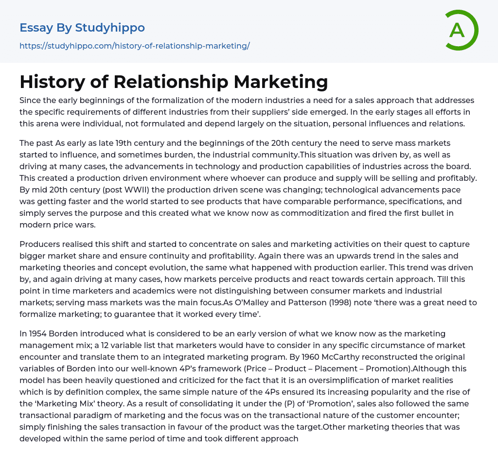History of Relationship Marketing Essay Example