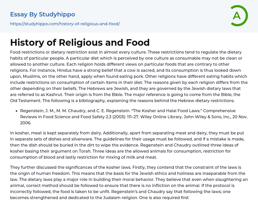 History of Religious and Food Essay Example
