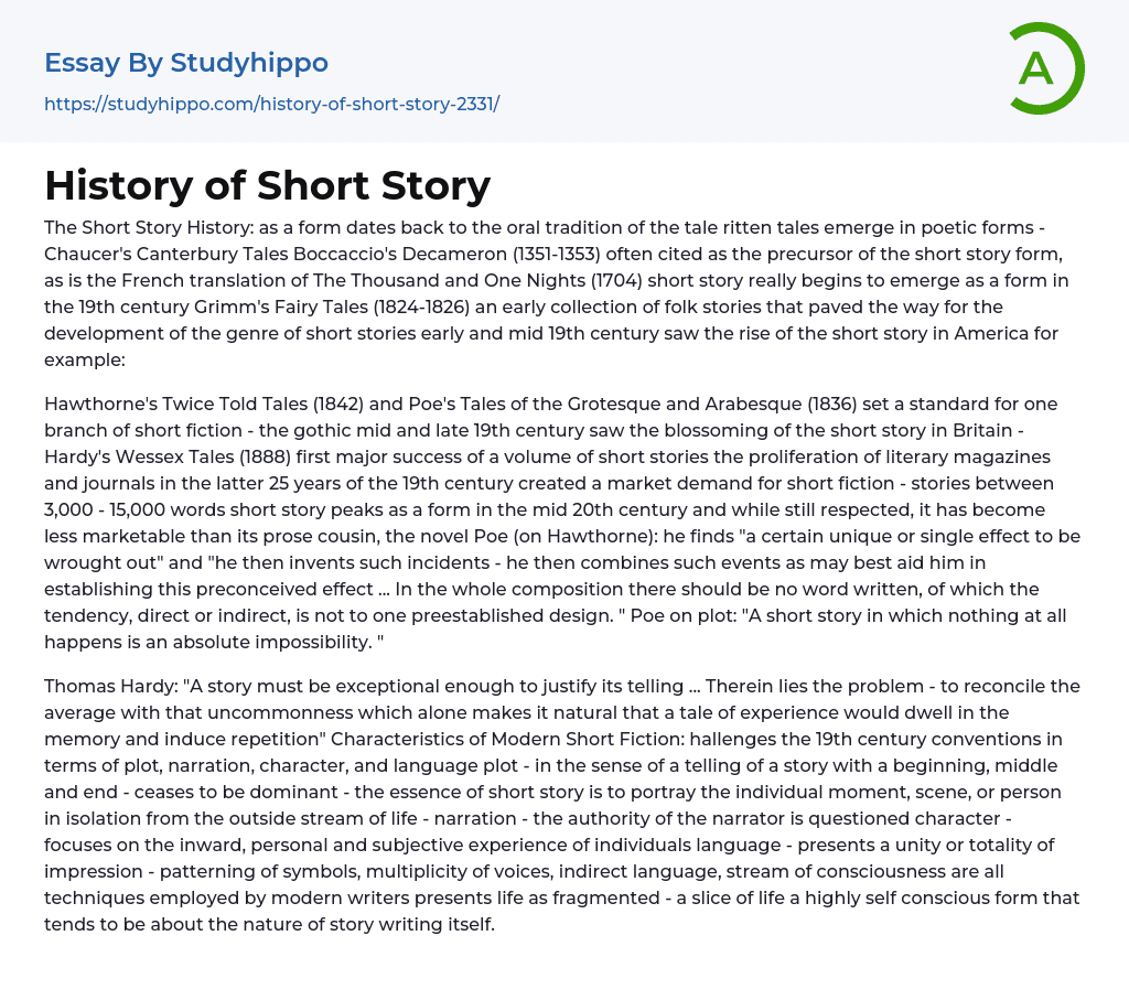 History of Short Story Essay Example