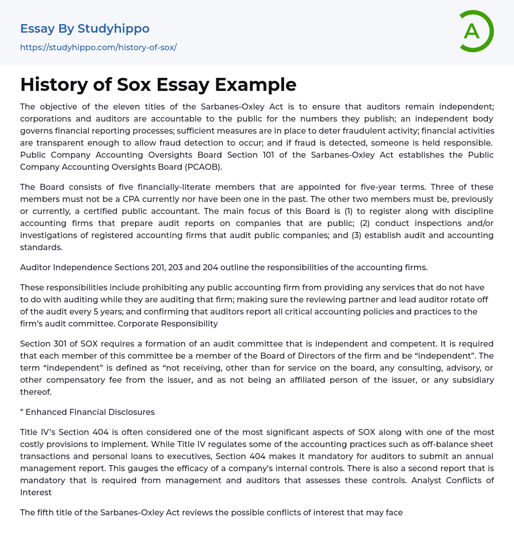 History of Sox Essay Example