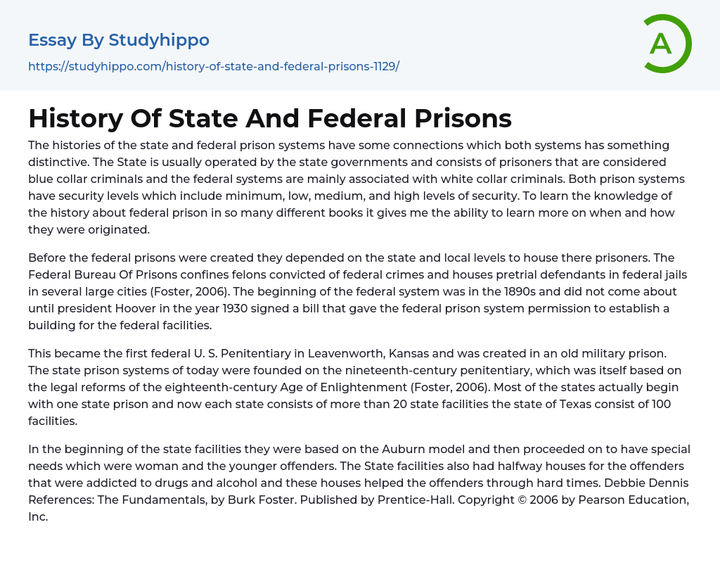 History Of State And Federal Prisons Essay Example