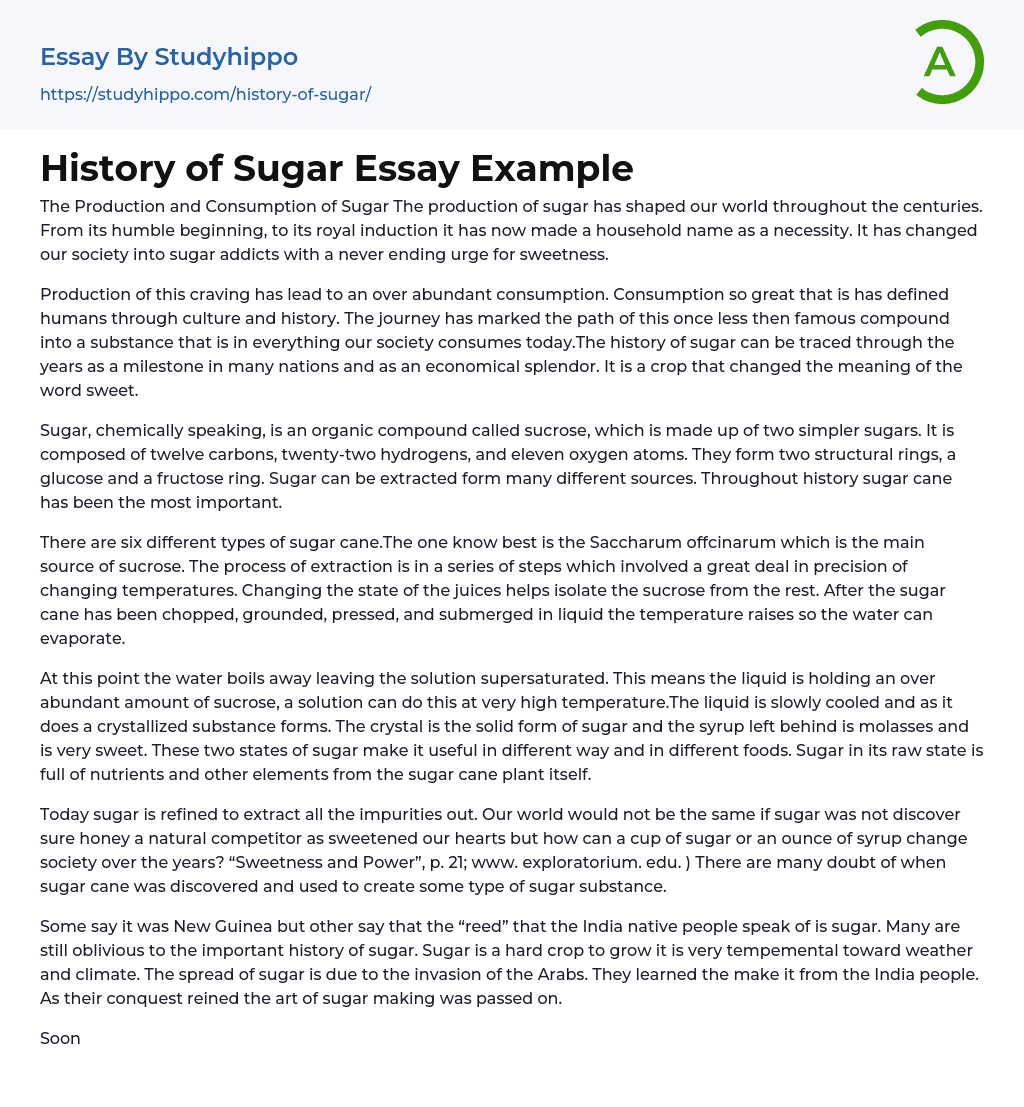 History of Sugar Essay Example