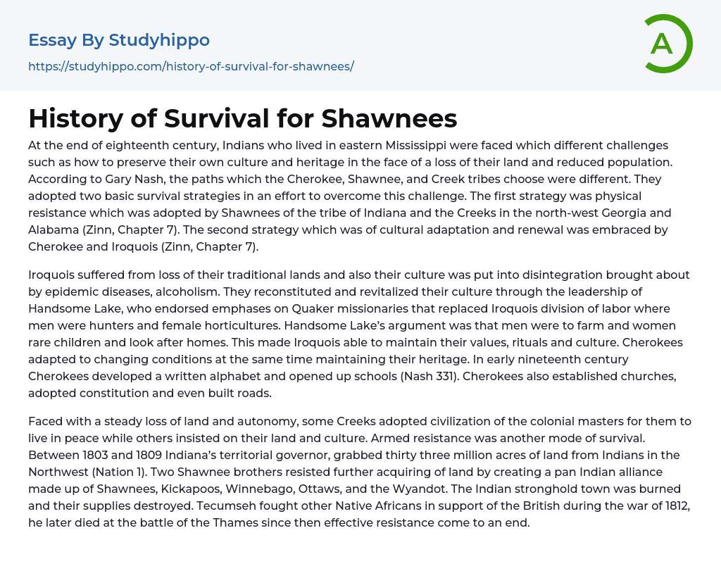 History of Survival for Shawnees Essay Example