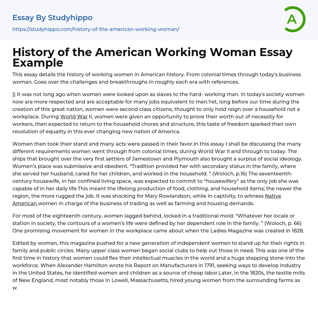 History of the American Working Woman Essay Example