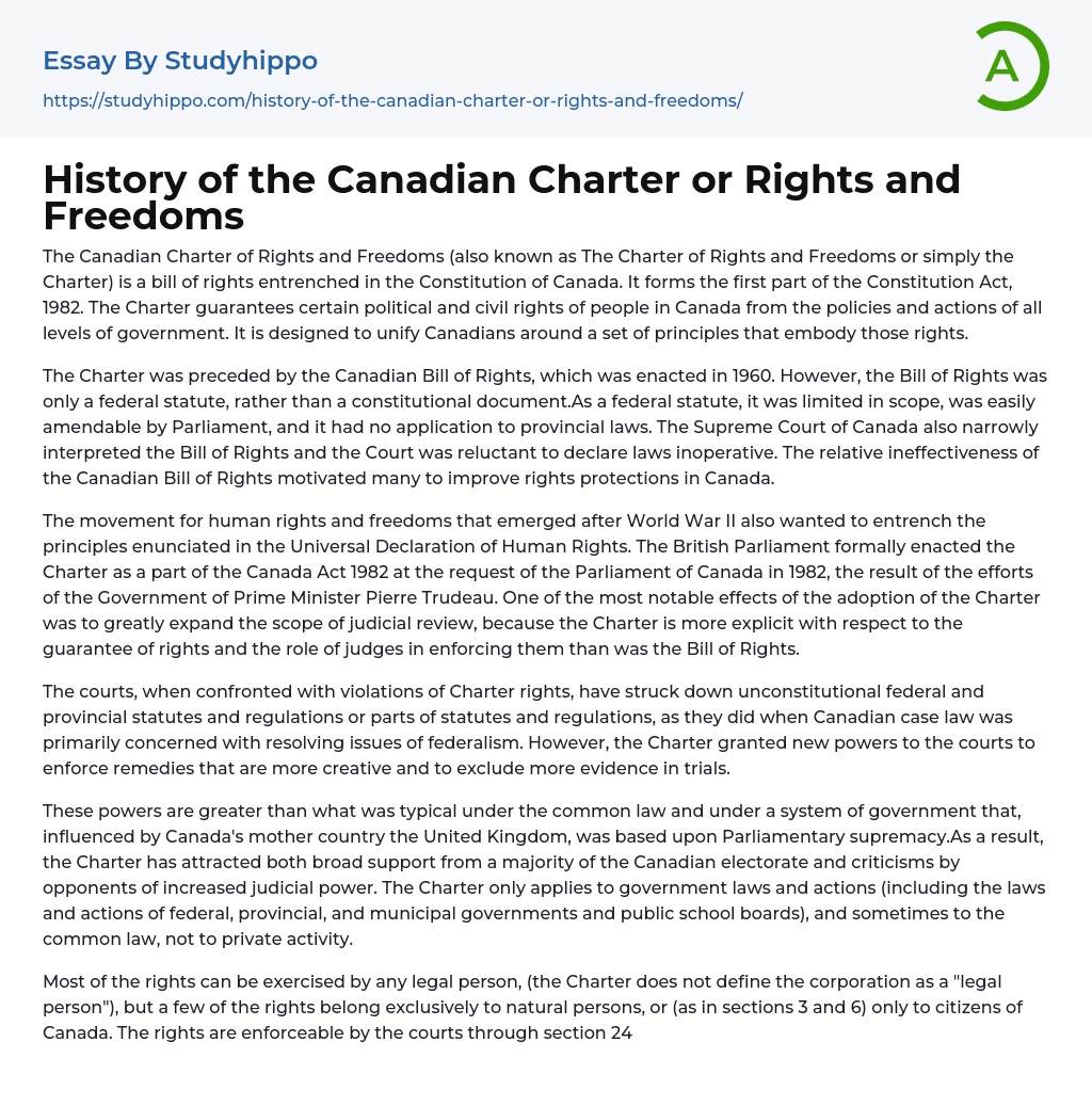 History of the Canadian Charter or Rights and Freedoms Essay Example