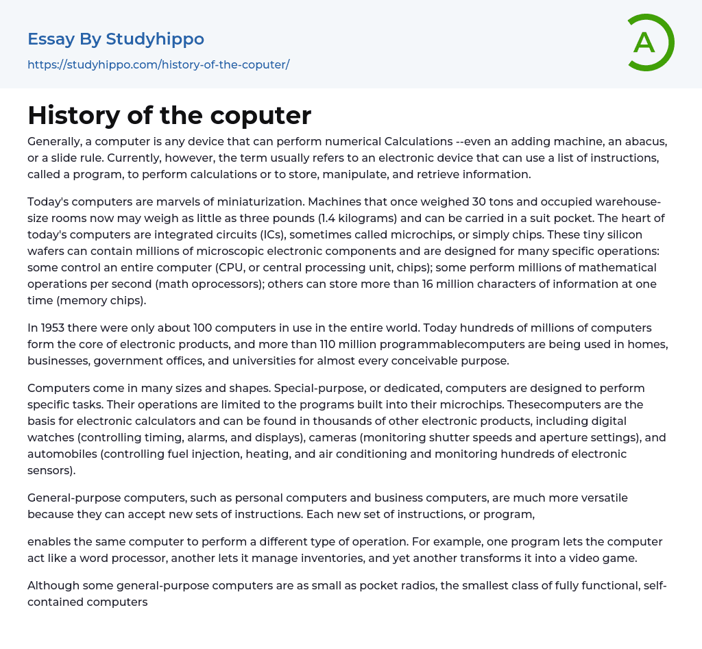 History of the coputer Essay Example