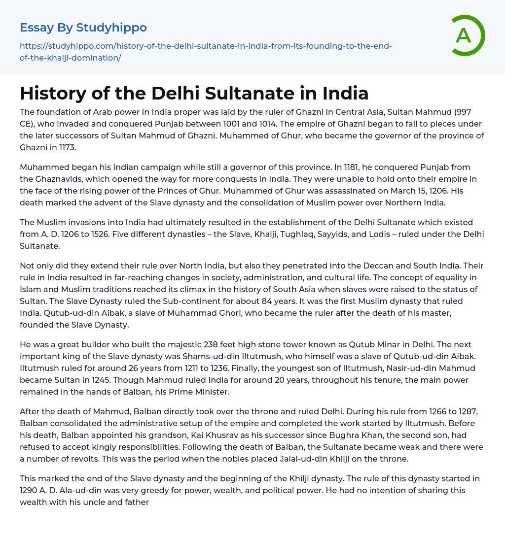 History of the Delhi Sultanate in India Essay Example
