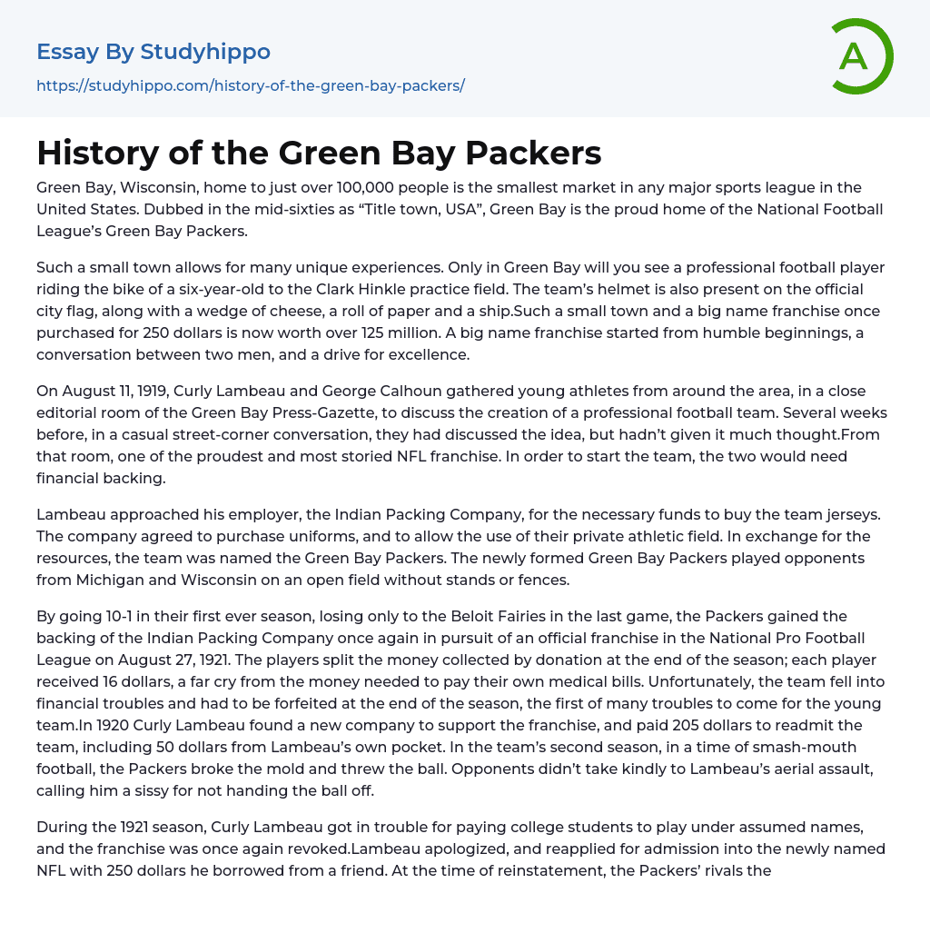 History of the Green Bay Packers Essay Example