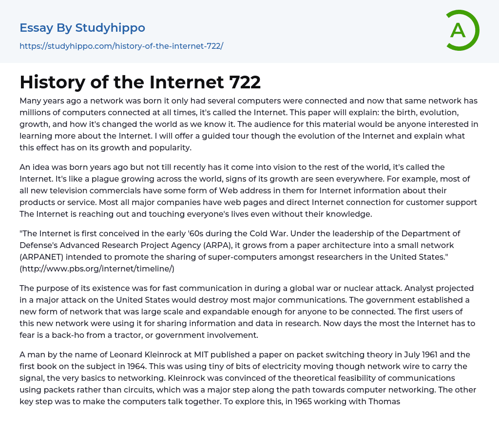 History of the Internet 722 Essay Example