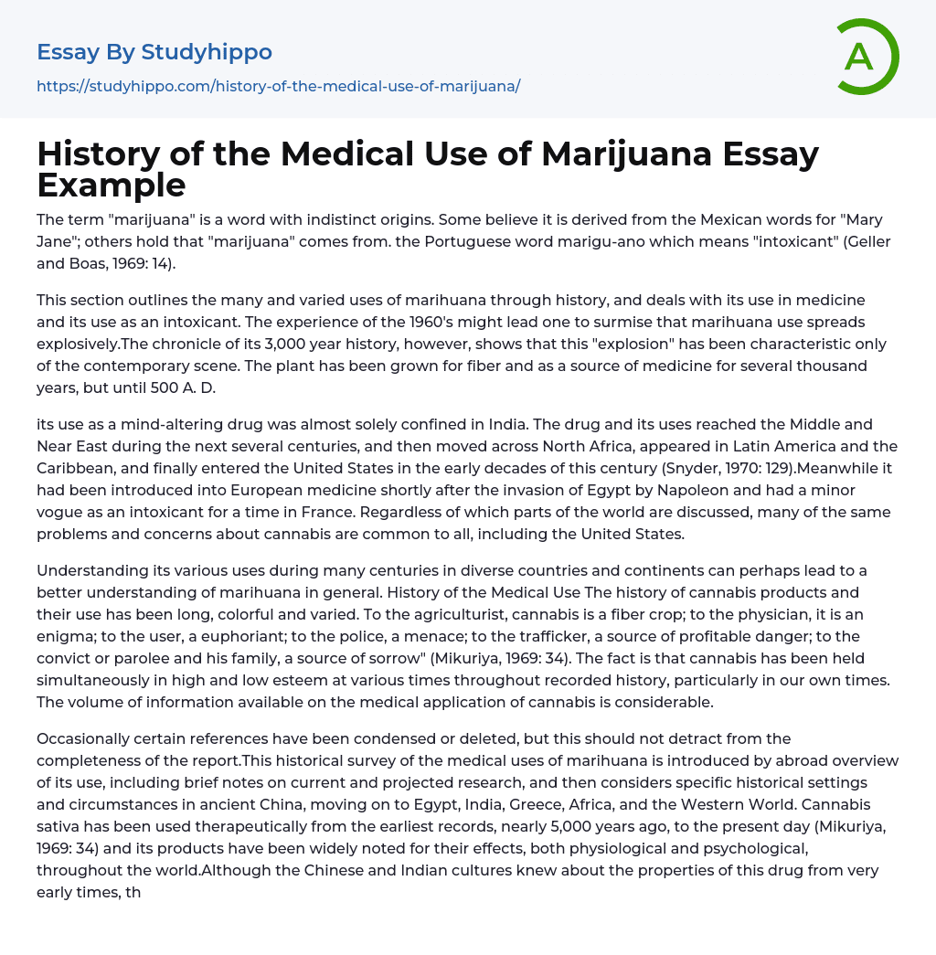 History of the Medical Use of Marijuana Essay Example