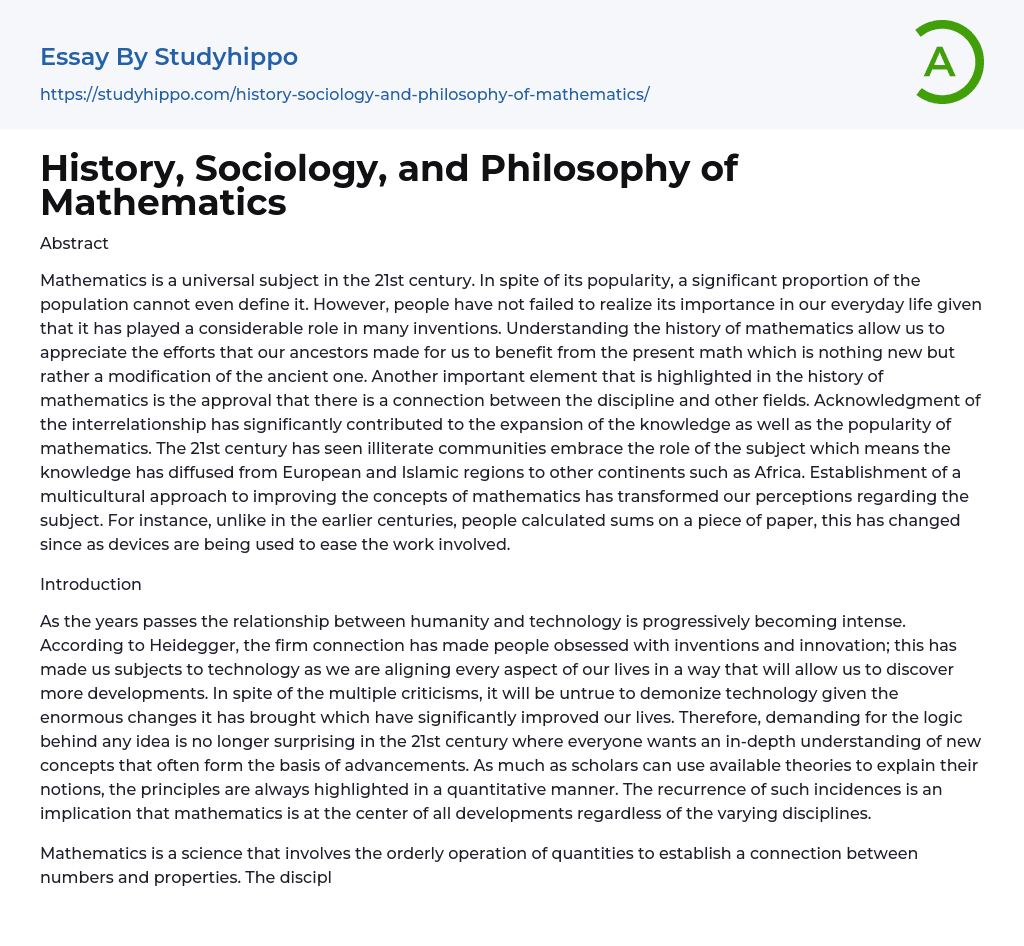 History, Sociology, and Philosophy of Mathematics Essay Example