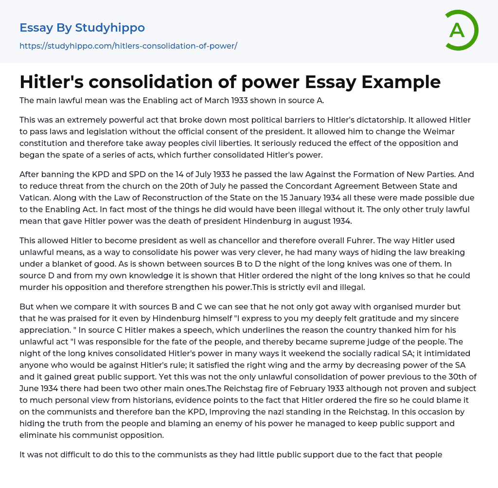 Hitler’s consolidation of power Essay Example