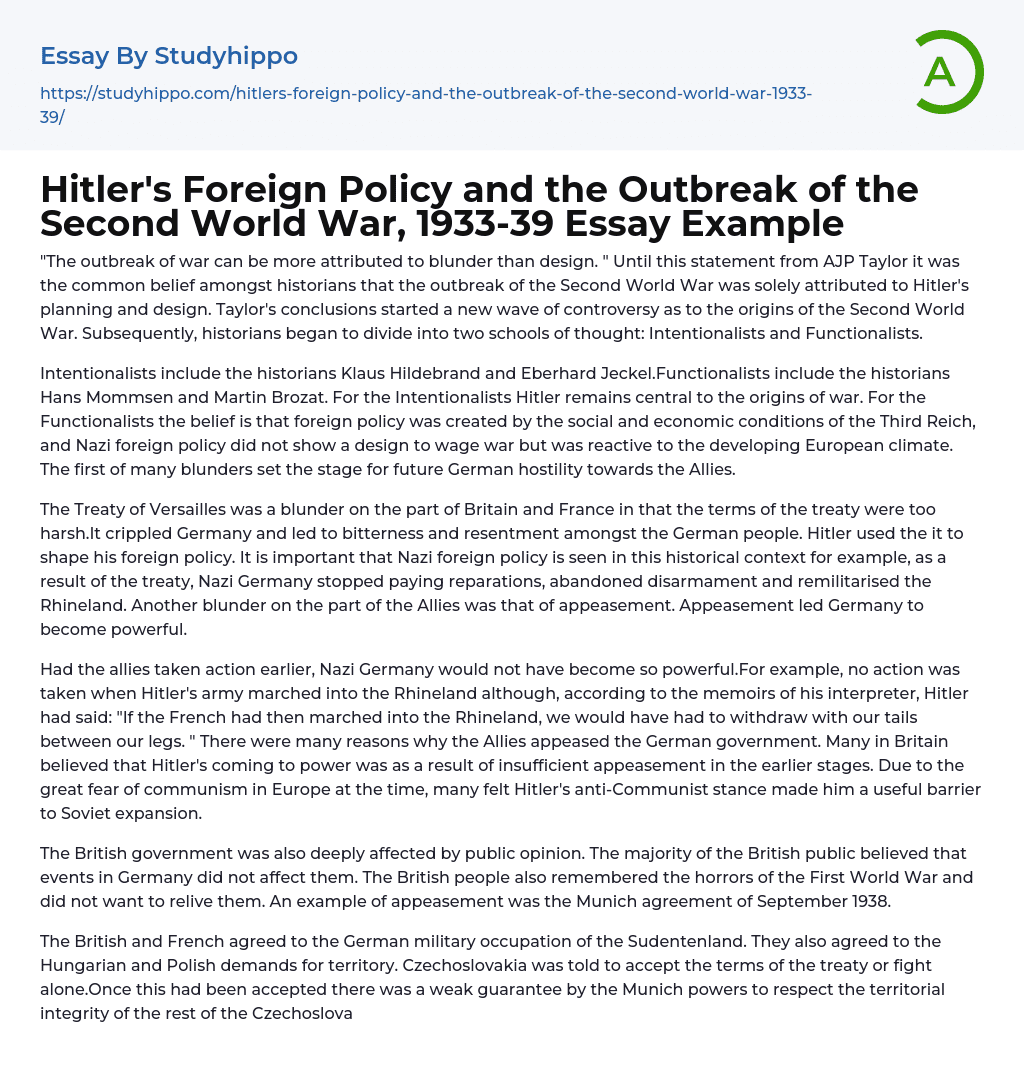 Hitler’s Foreign Policy and the Outbreak of the Second World War, 1933-39 Essay Example