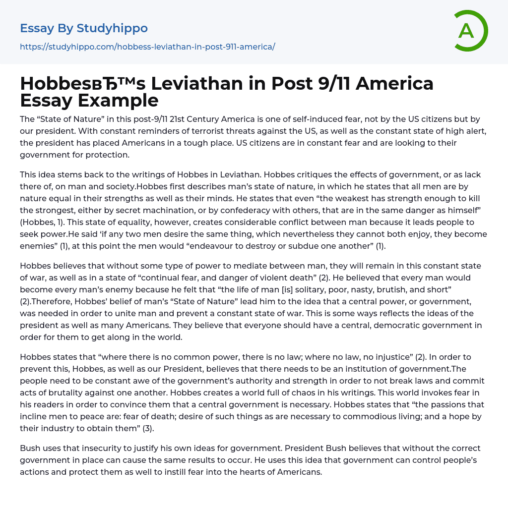 “Leviathan” in Post 9/11 America Essay Example