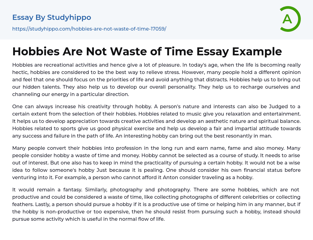 Hobbies Are Not Waste of Time Essay Example