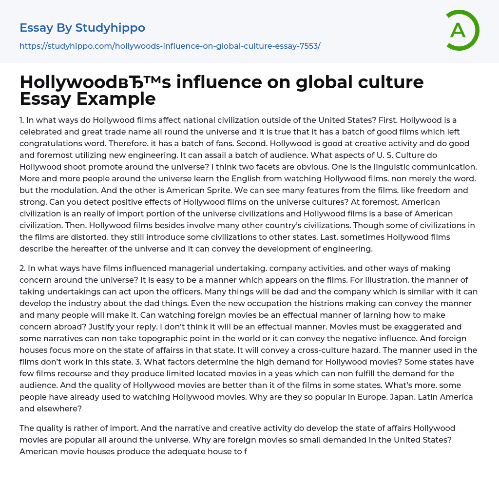 Hollywood’s influence on global culture Essay Example