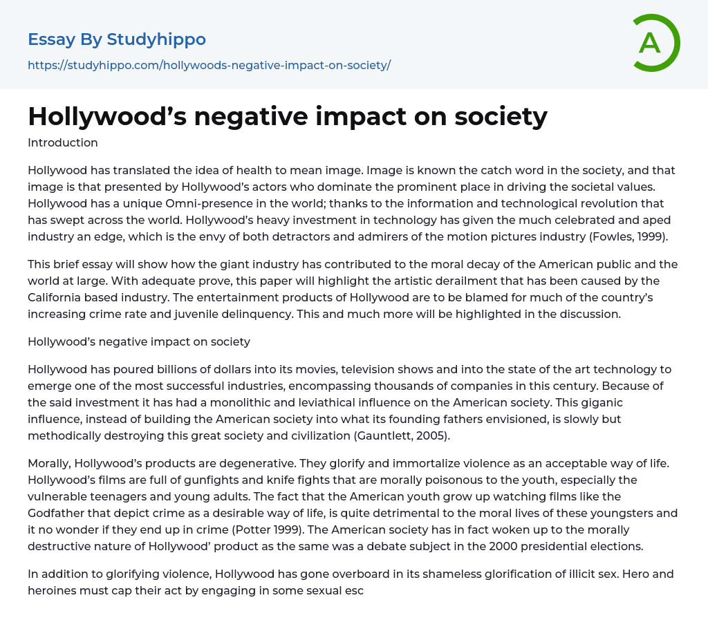 Hollywood’s negative impact on society Essay Example
