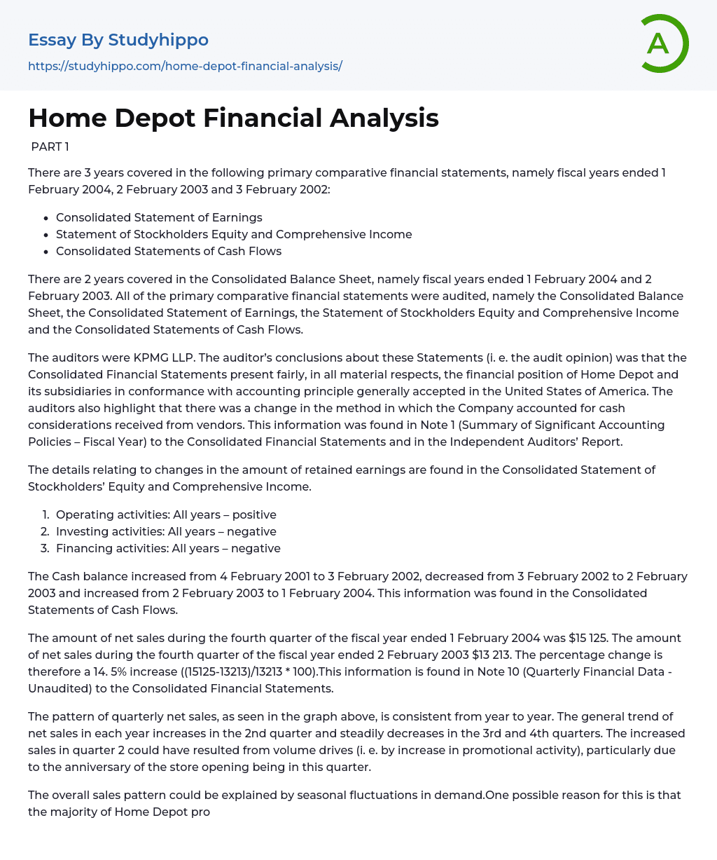 Home Depot Financial Analysis Essay Example