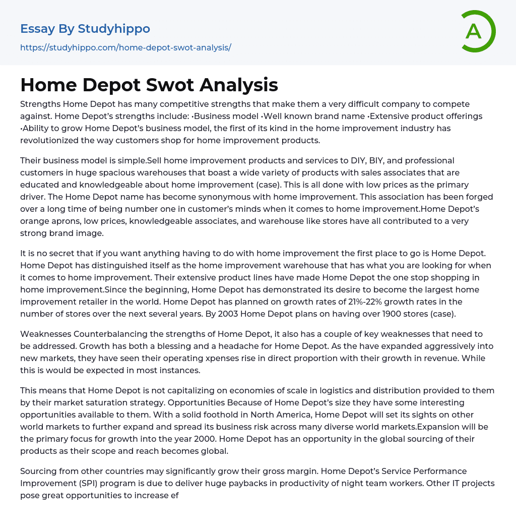 Home Depot Swot Analysis Essay Example