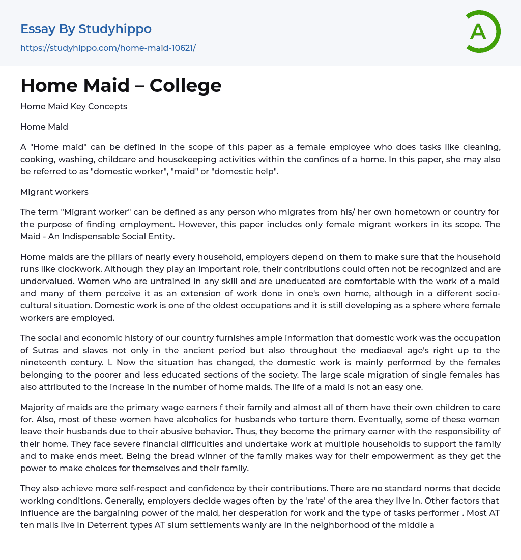 Home Maid – College Essay Example