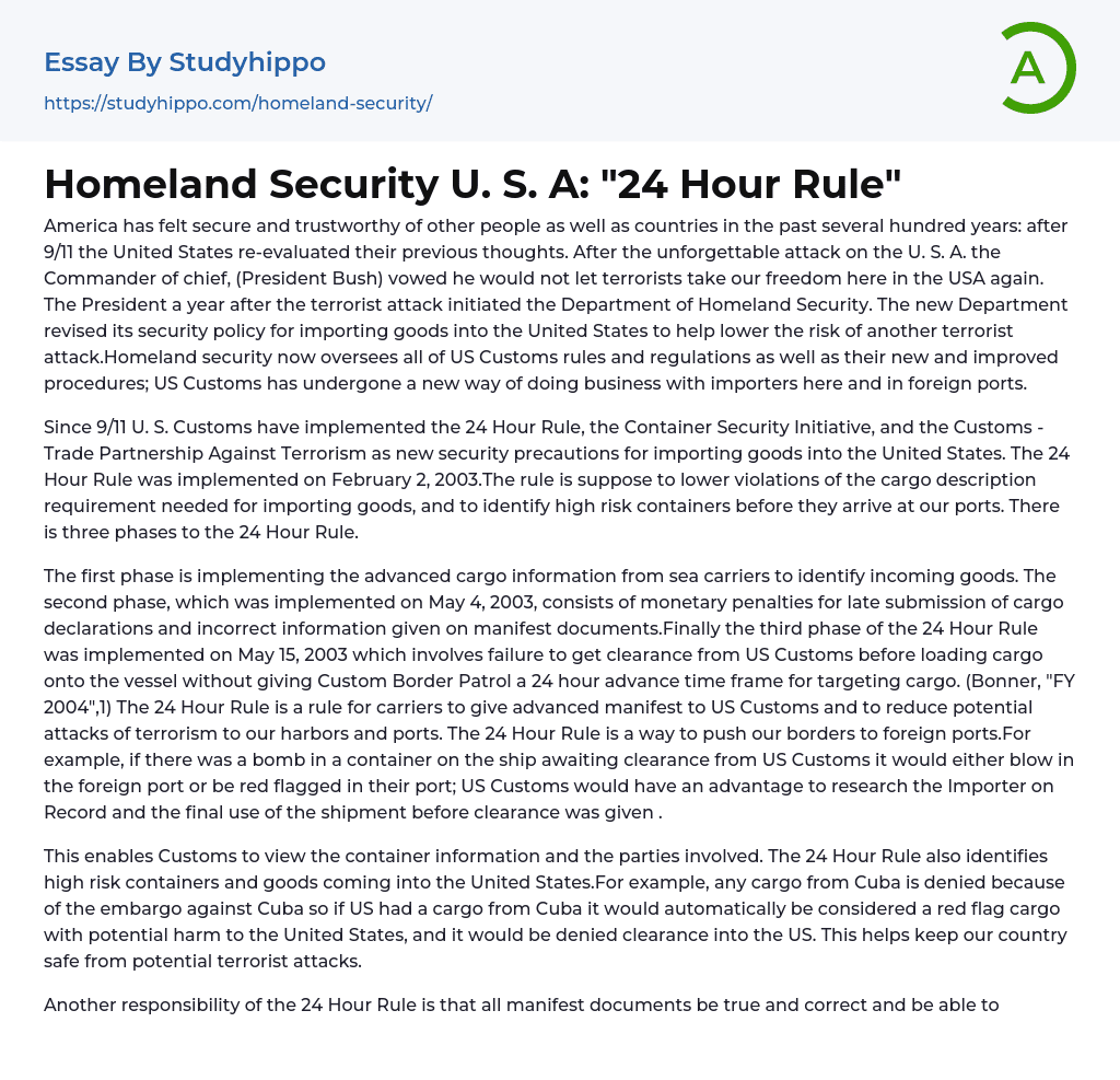 Homeland Security U. S. A: “24 Hour Rule” Essay Example