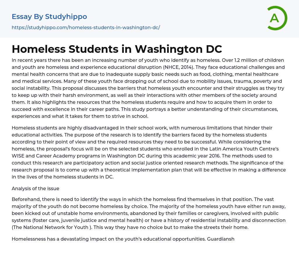 Homeless Students in Washington DC Essay Example