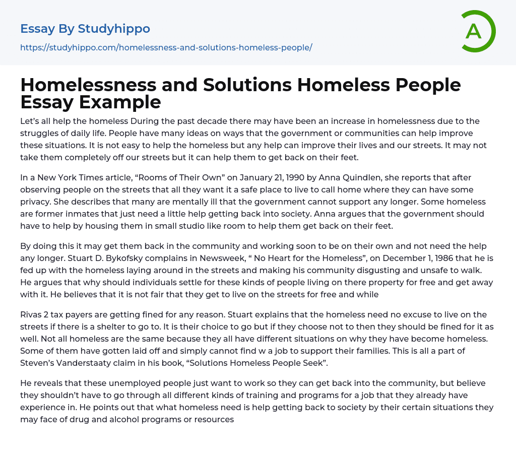 Homelessness and Solutions Homeless People Essay Example