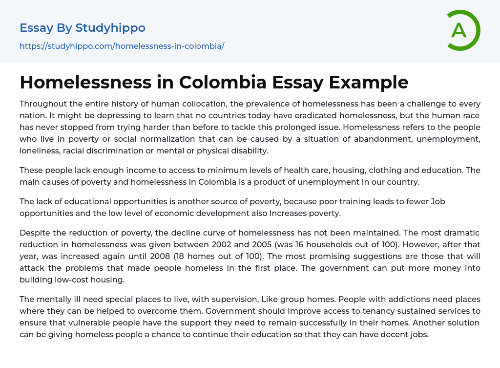Homelessness in Colombia Essay Example
