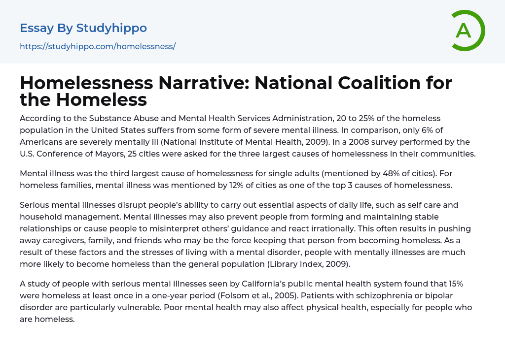 Homelessness Narrative: National Coalition for the Homeless Essay Example