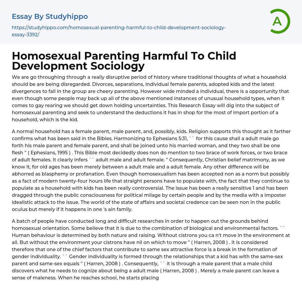 Homosexual Parenting Harmful To Child Development Sociology Essay Example