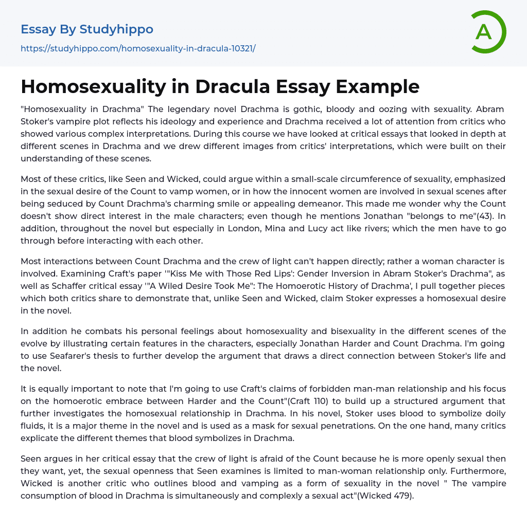 Homosexuality in Dracula Essay Example