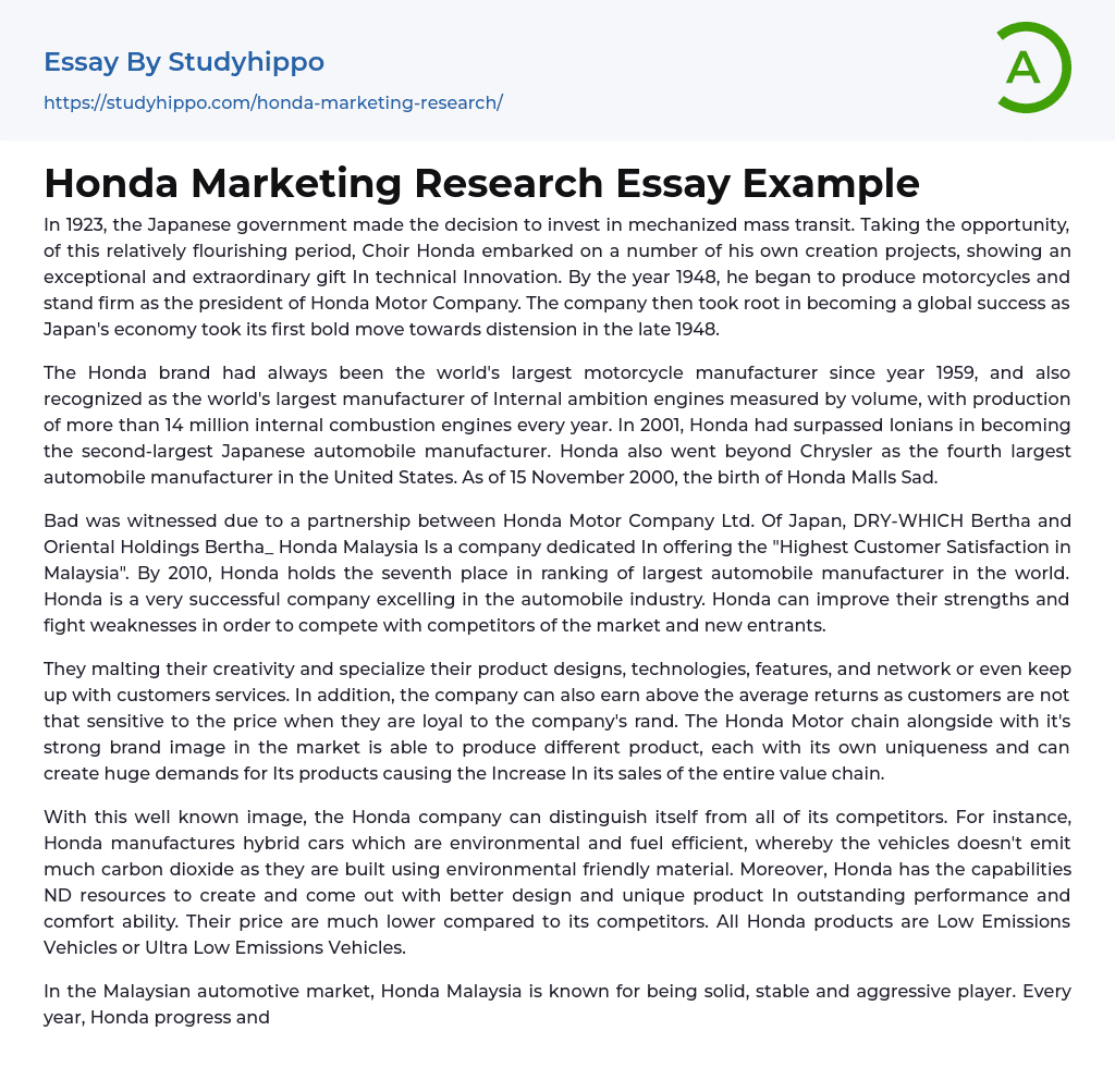Honda Marketing Research Essay Example