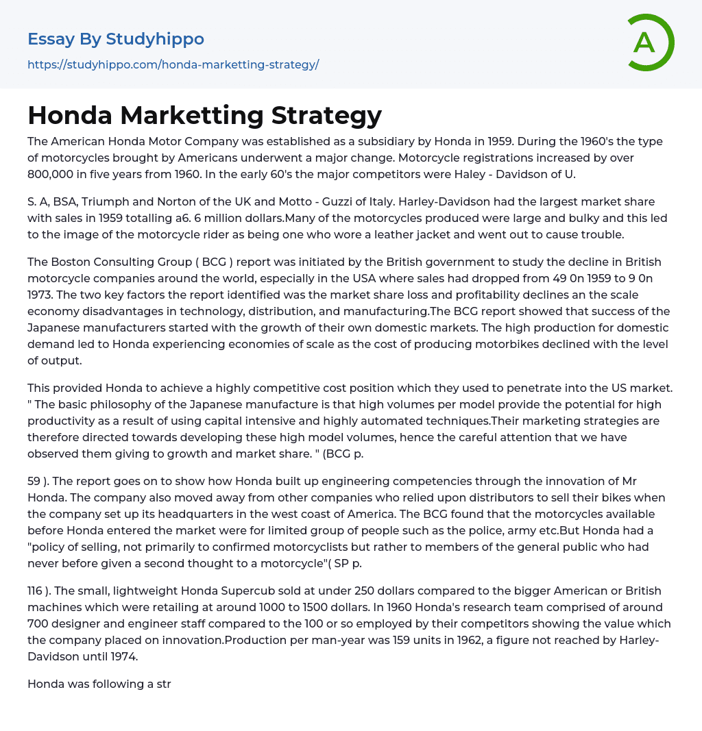 Honda Marketting Strategy Essay Example