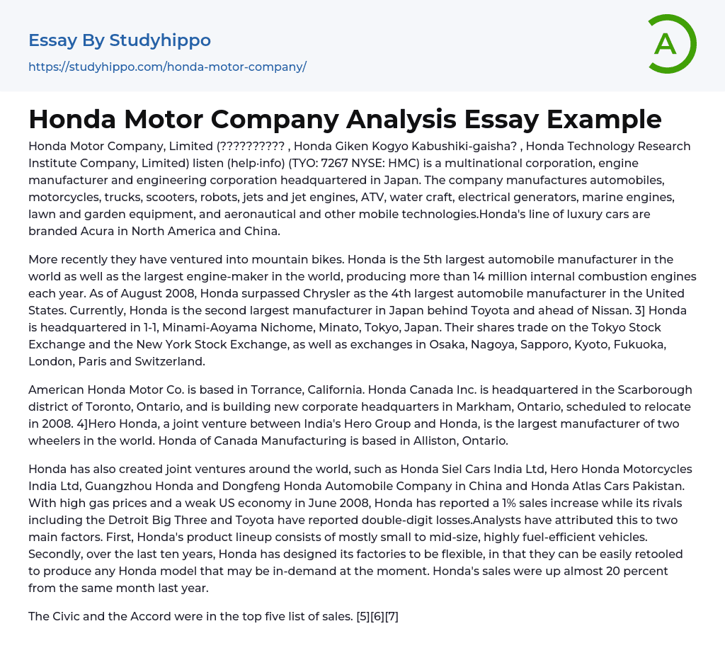 Honda Motor Company Analysis Essay Example