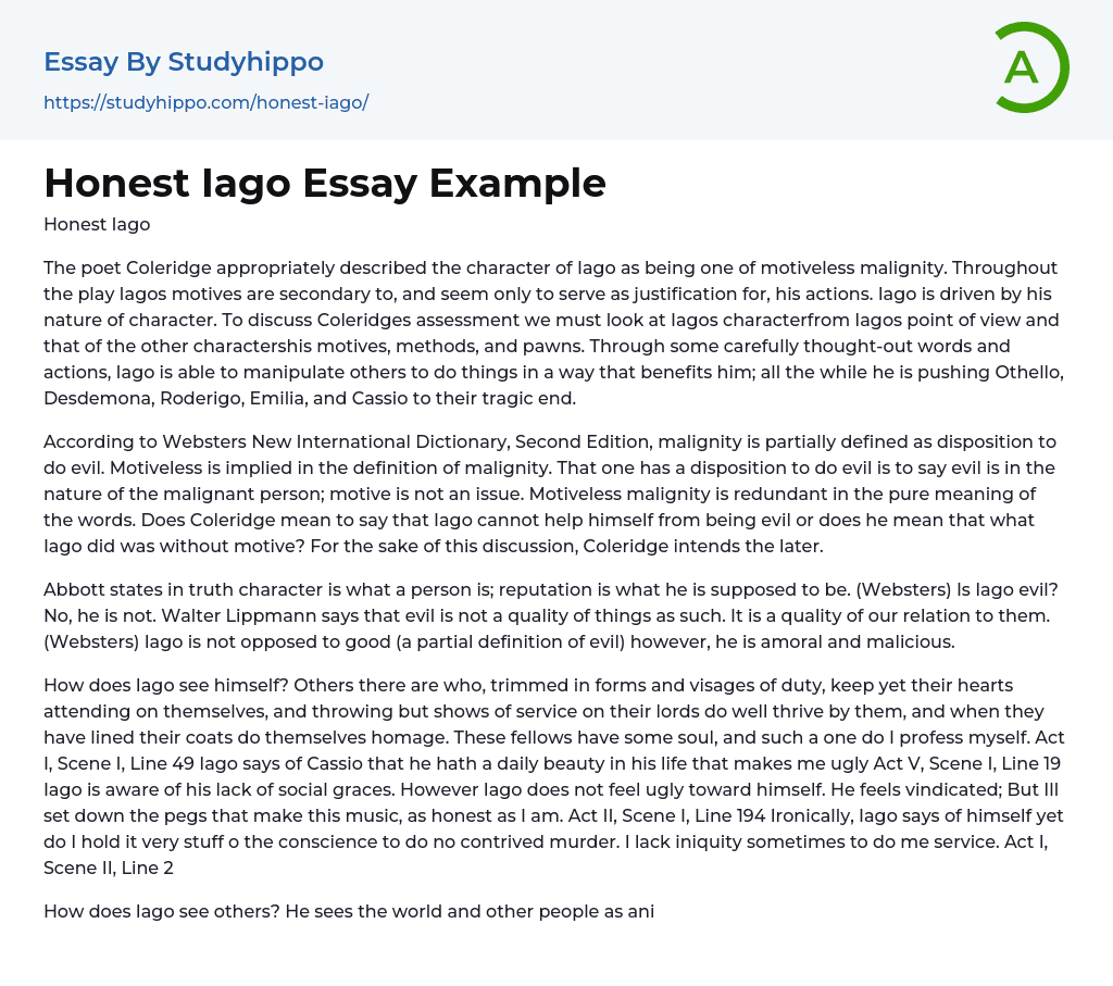 Honest Iago Essay Example