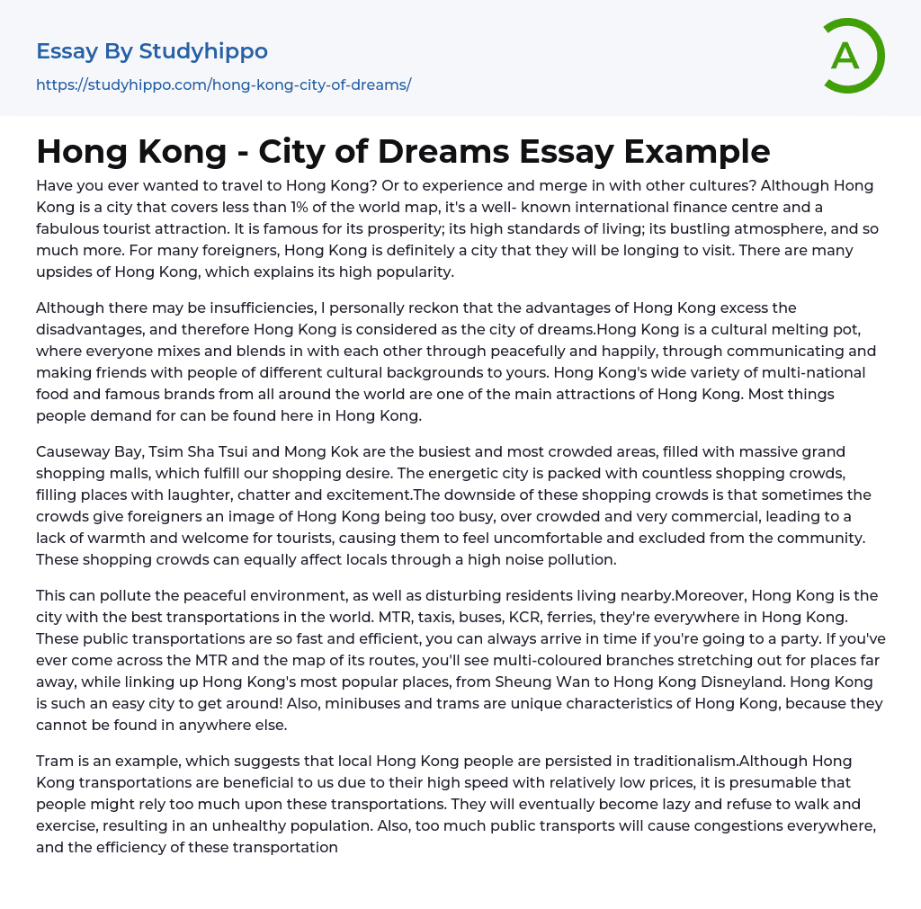 Hong Kong – City of Dreams Essay Example