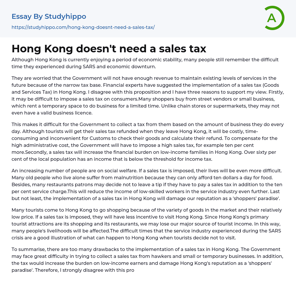 Hong Kong doesn’t need a sales tax Essay Example